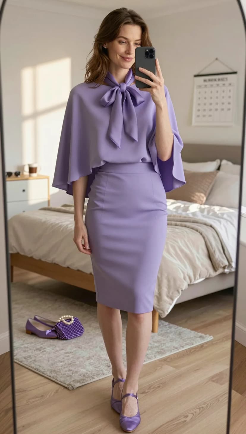 Lavender Crepe Cape Top + Lavender Crepe Pencil Skirt + Lavender Satin Mary Janes