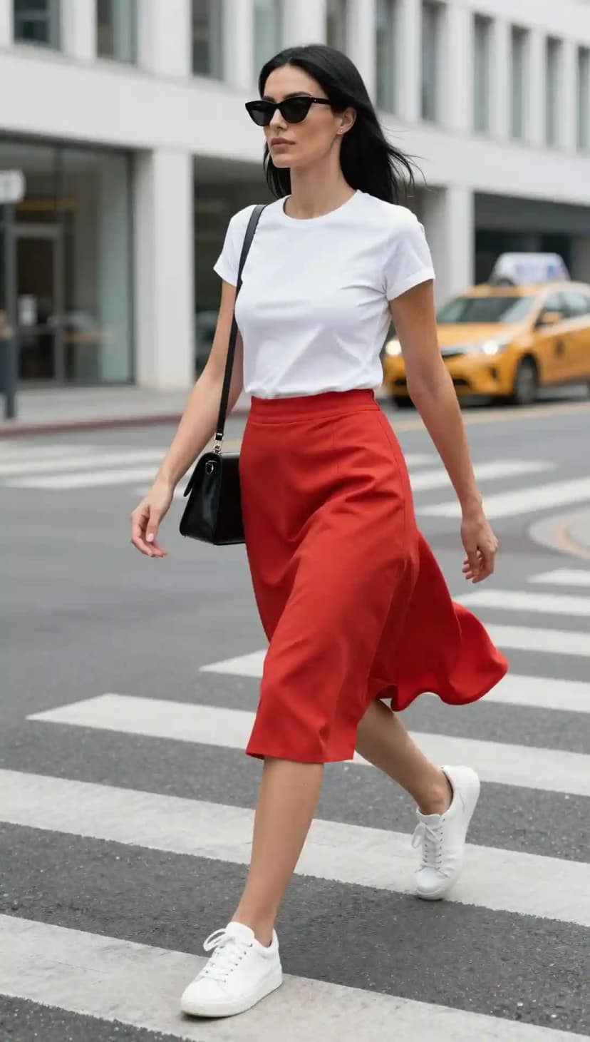 Woman walking in city wearing a crisp white t-shirt, bright red midi skirt, and white sneakers