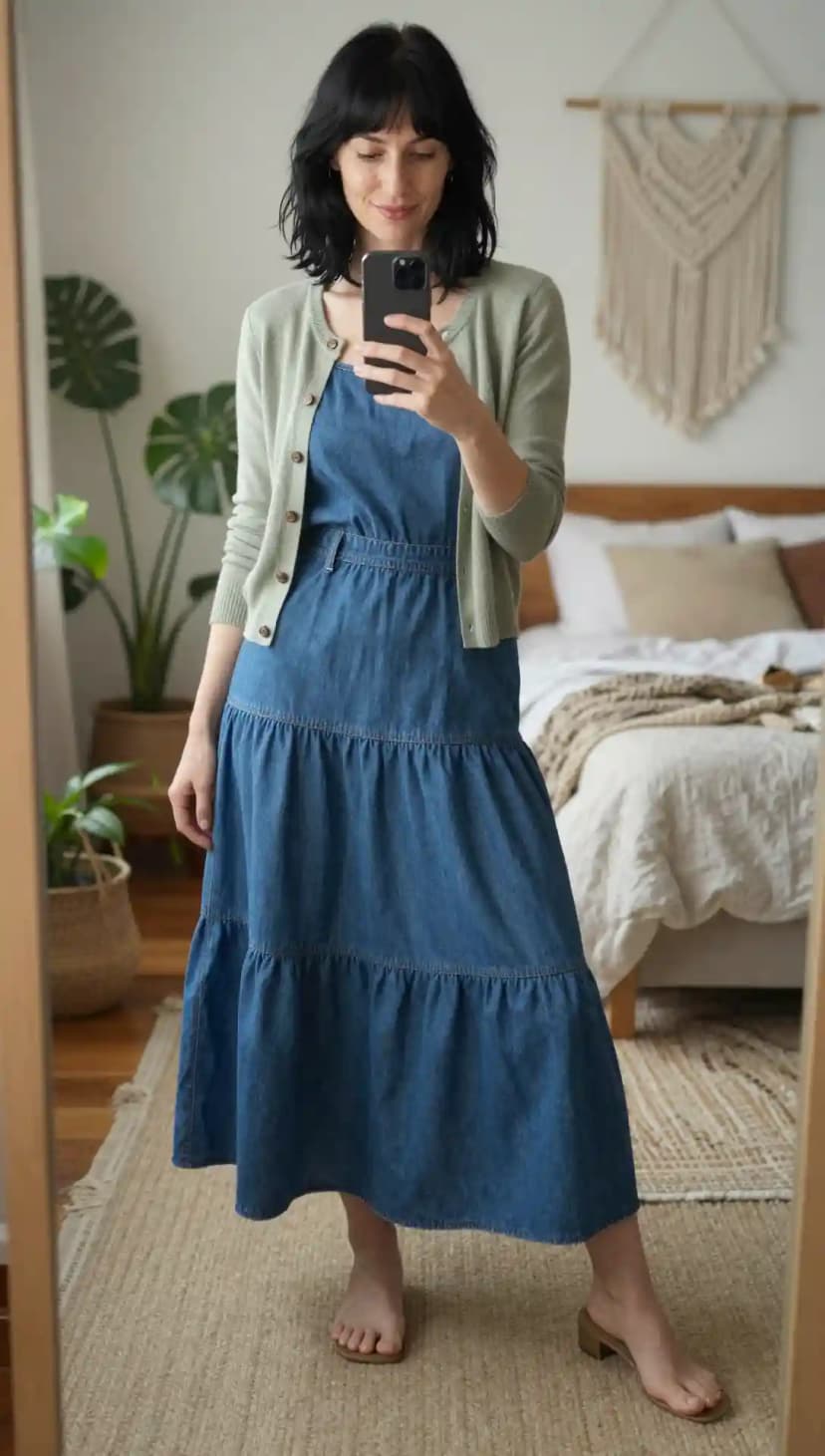 Cozy spring outfit featuring a sage green cardigan layered over a tiered blue denim midi dress