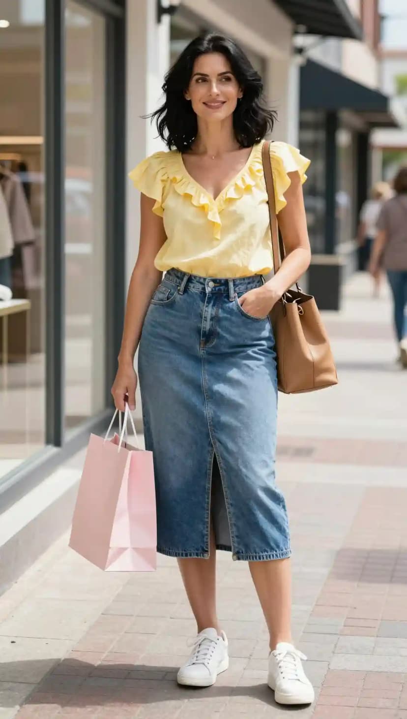 Woman smiling on a shopping street in a pale yellow ruffle top and a denim midi skirt with a front slit