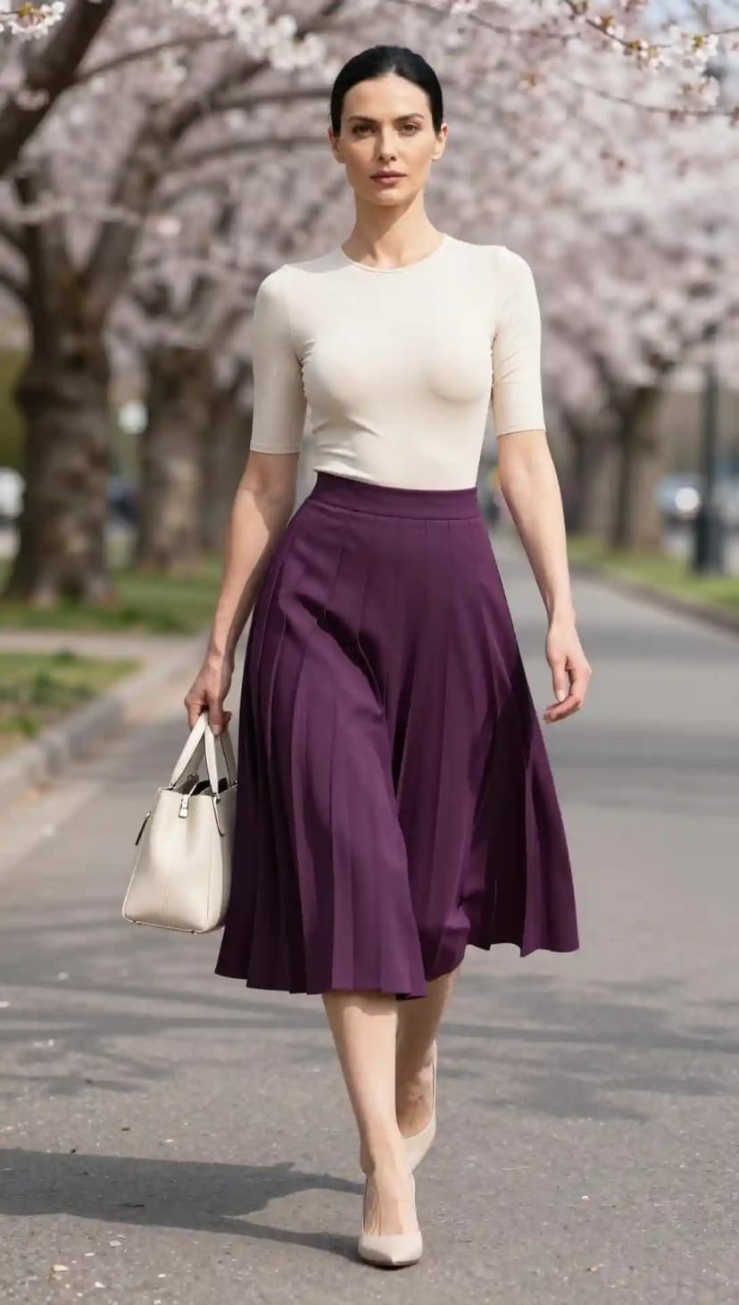 Elegant woman walking under cherry blossoms wearing a sleek cream short-sleeve top and a deep plum pleated midi skirt
