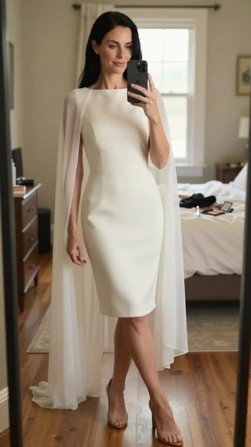 Ivory Crepe Sheath Dress + Ivory Chiffon Capelet