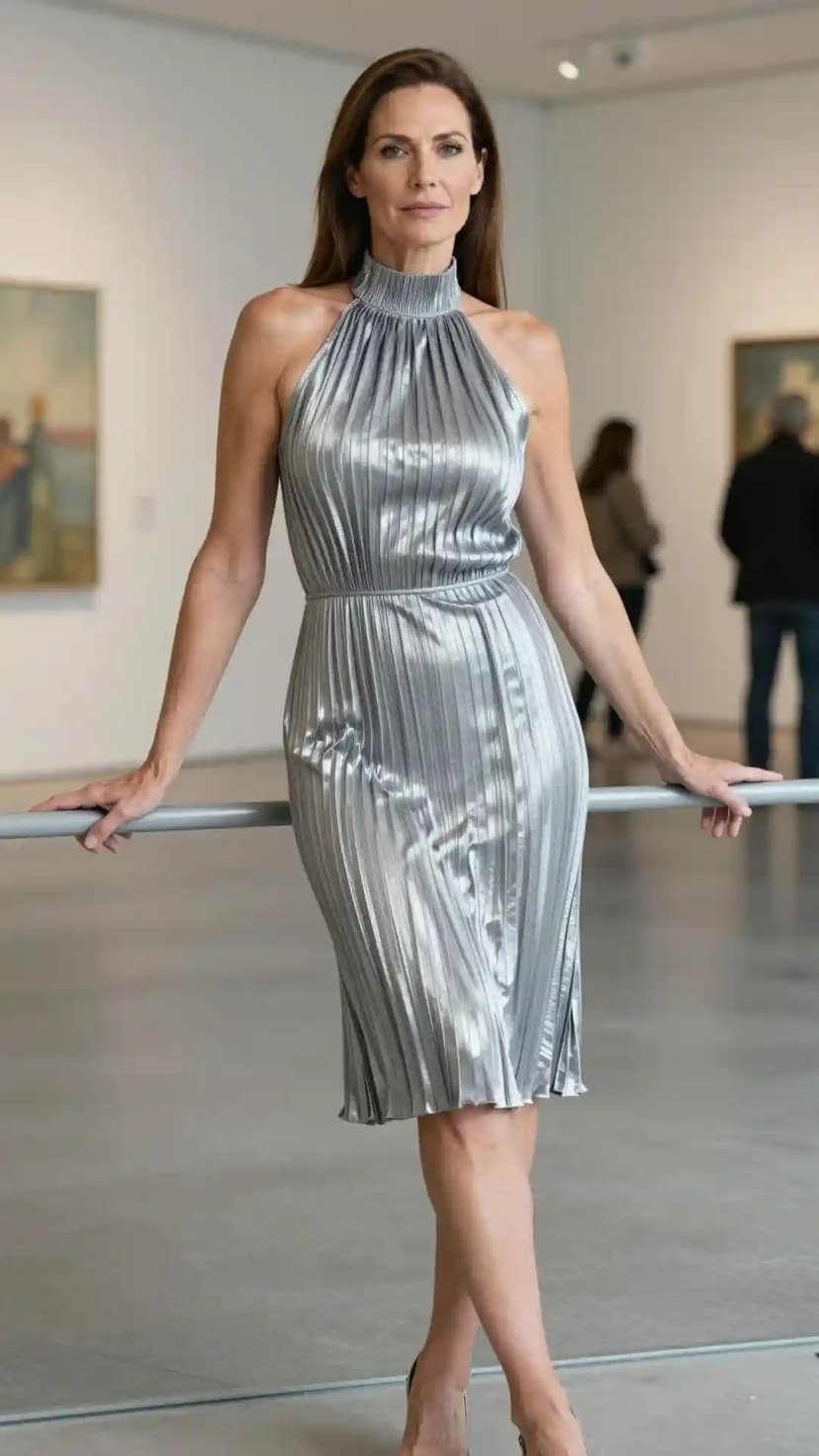 Silver Pleated Halter Dress