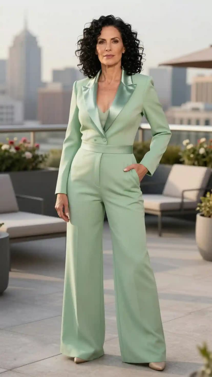 Mint Green Satin Blazer + Mint Green Satin Bralette + Mint Green Wide-Leg Trousers