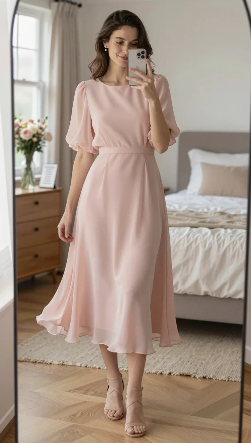 Blush Chiffon Midi Dress + Nude Strappy Heels