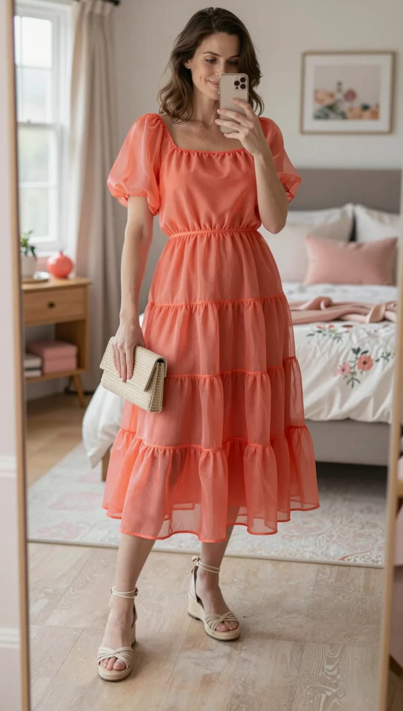 Coral Organza Tiered Midi Dress + Straw Envelope Clutch + Beige Espadrille Wedges