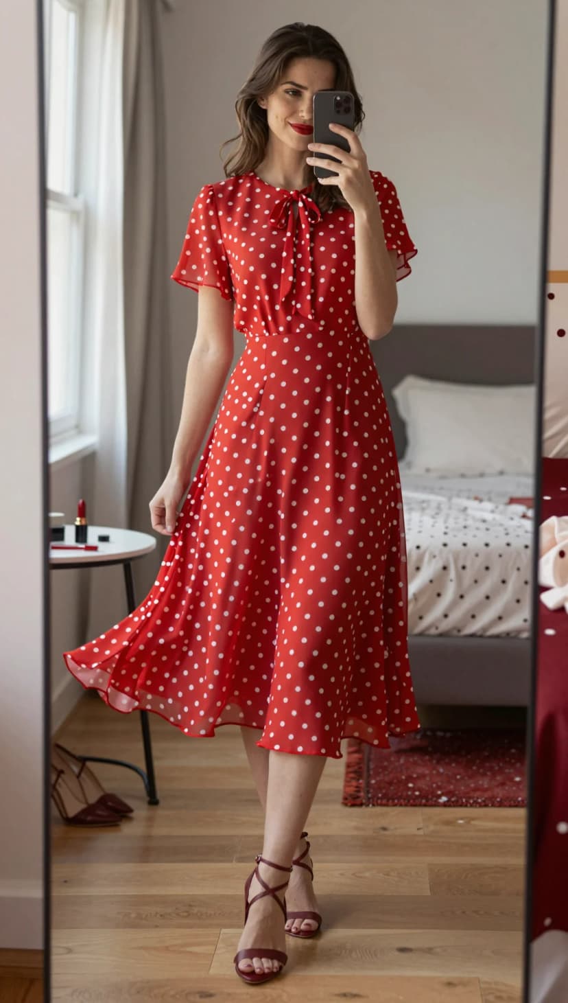Red Polka Dot Chiffon Midi Dress + Burgundy Strappy Heels