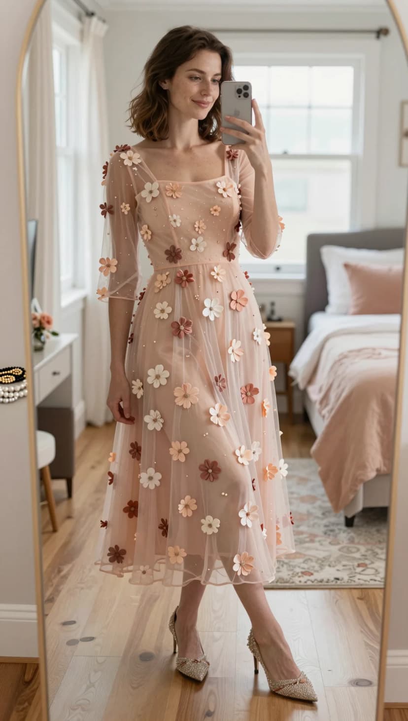 Peach Tulle Flower Applique Midi Dress + Embellished Pointed Toe Heels