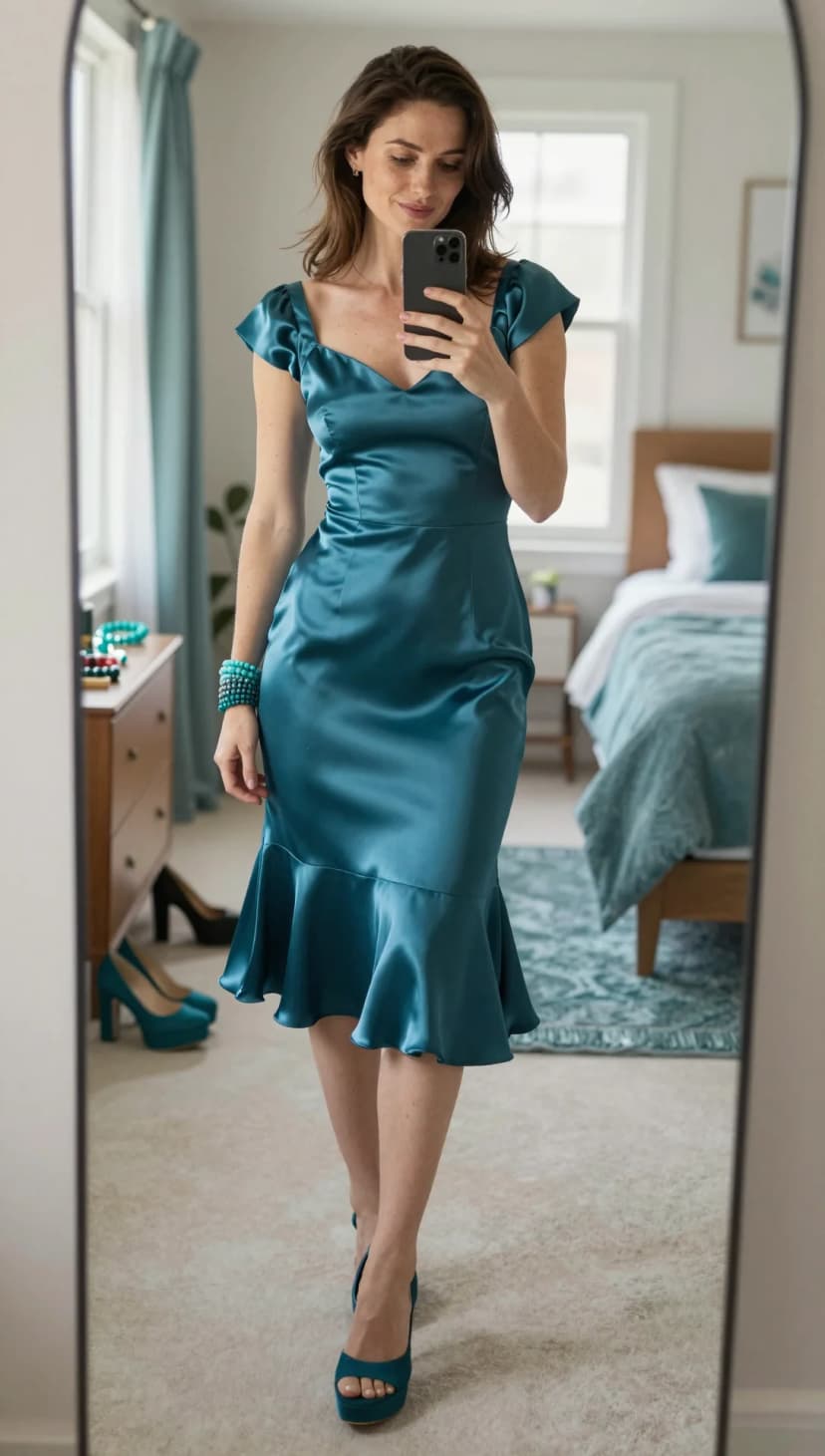 Teal Satin Flutter Sleeve Midi Dress + Teal Platform Heels