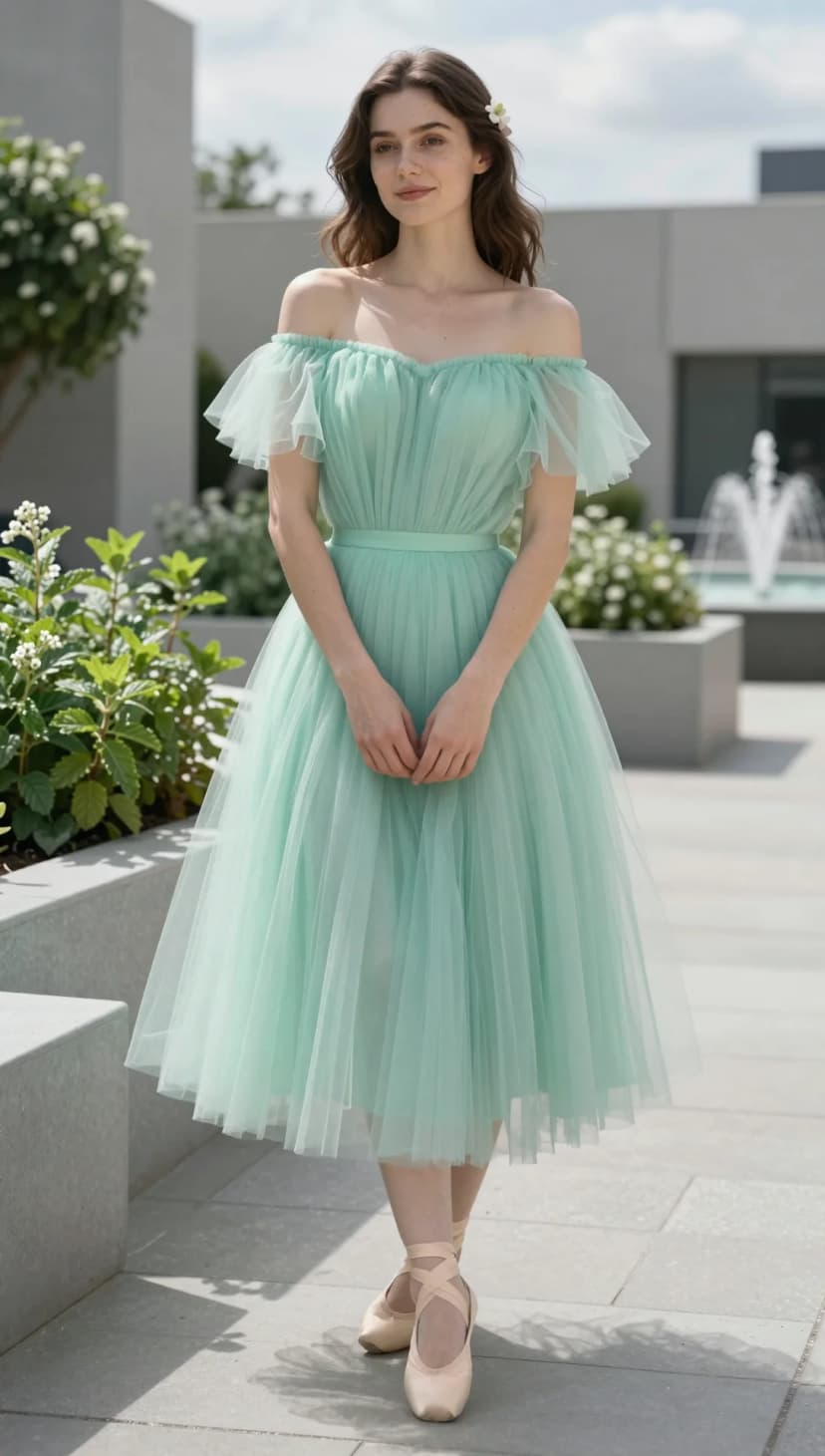 Mint Tulle Off-The-Shoulder Dress + Nude Ballet Flats