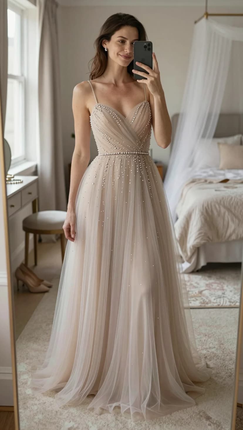 Nude Tulle Gown with Pearl and Crystal Embellishments + Nude Strappy Heels