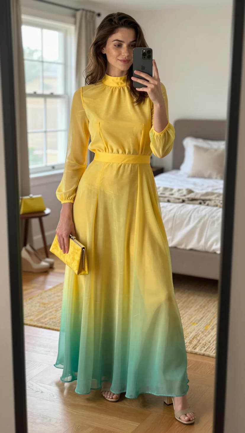 Yellow Ombre Chiffon Maxi Dress + Yellow Velvet Clutch + Beige Block Heels