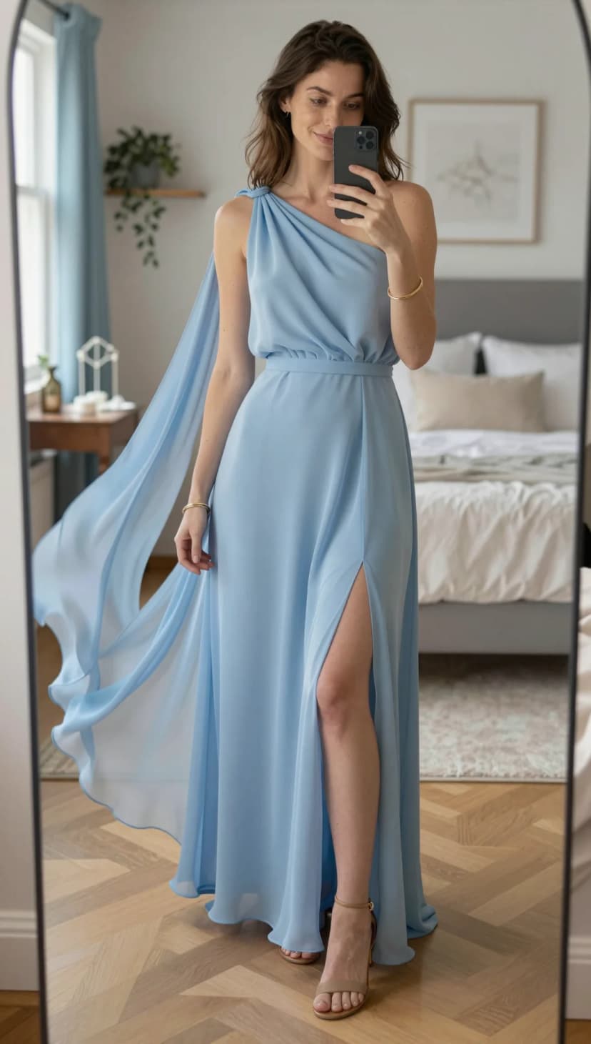 Sky Blue Chiffon One-Shoulder Gown + Nude Strappy Heels