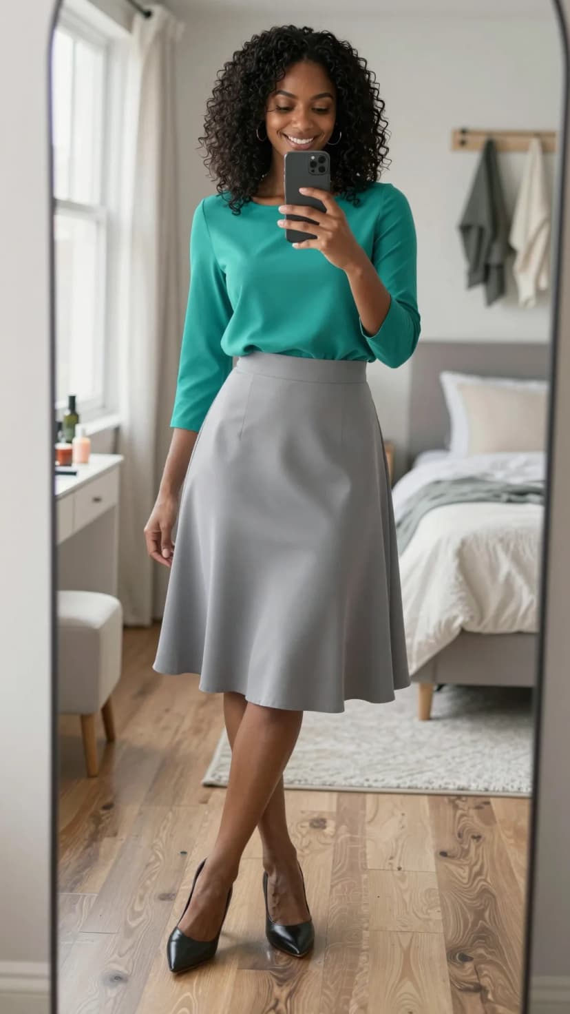 Teal Crepe Blouse + Grey A-Line Midi Skirt + Black Pointed Toe Heels