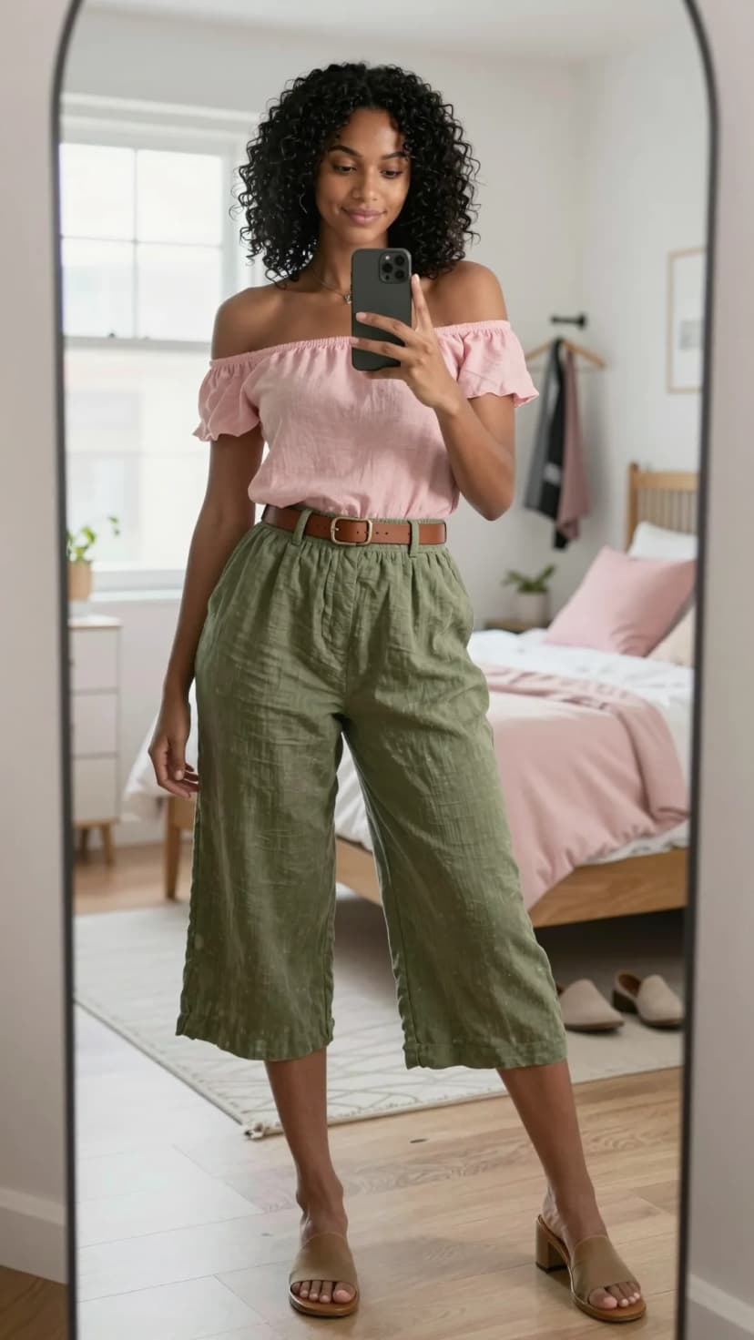 Pink Linen Off-The-Shoulder Top + Olive Gauze Culottes + Brown Leather Belt + Tan Block Heel Mules