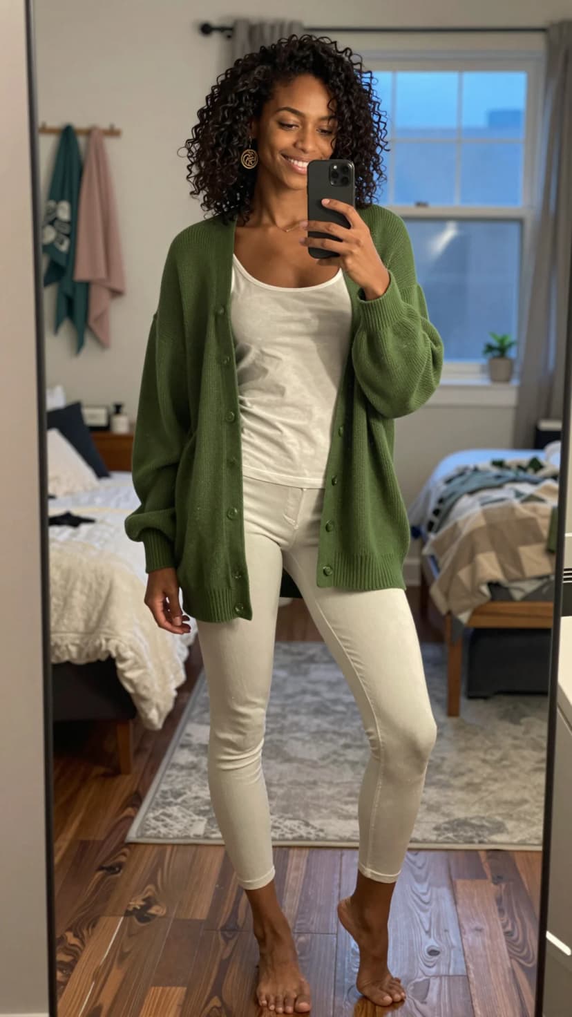 Olive Knit Cardigan + White Tank Top + Cream Jeans