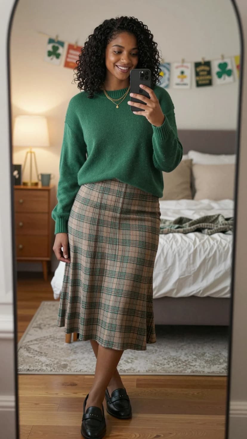 Green Knit Sweater + Tan Plaid Midi Skirt + Black Loafers