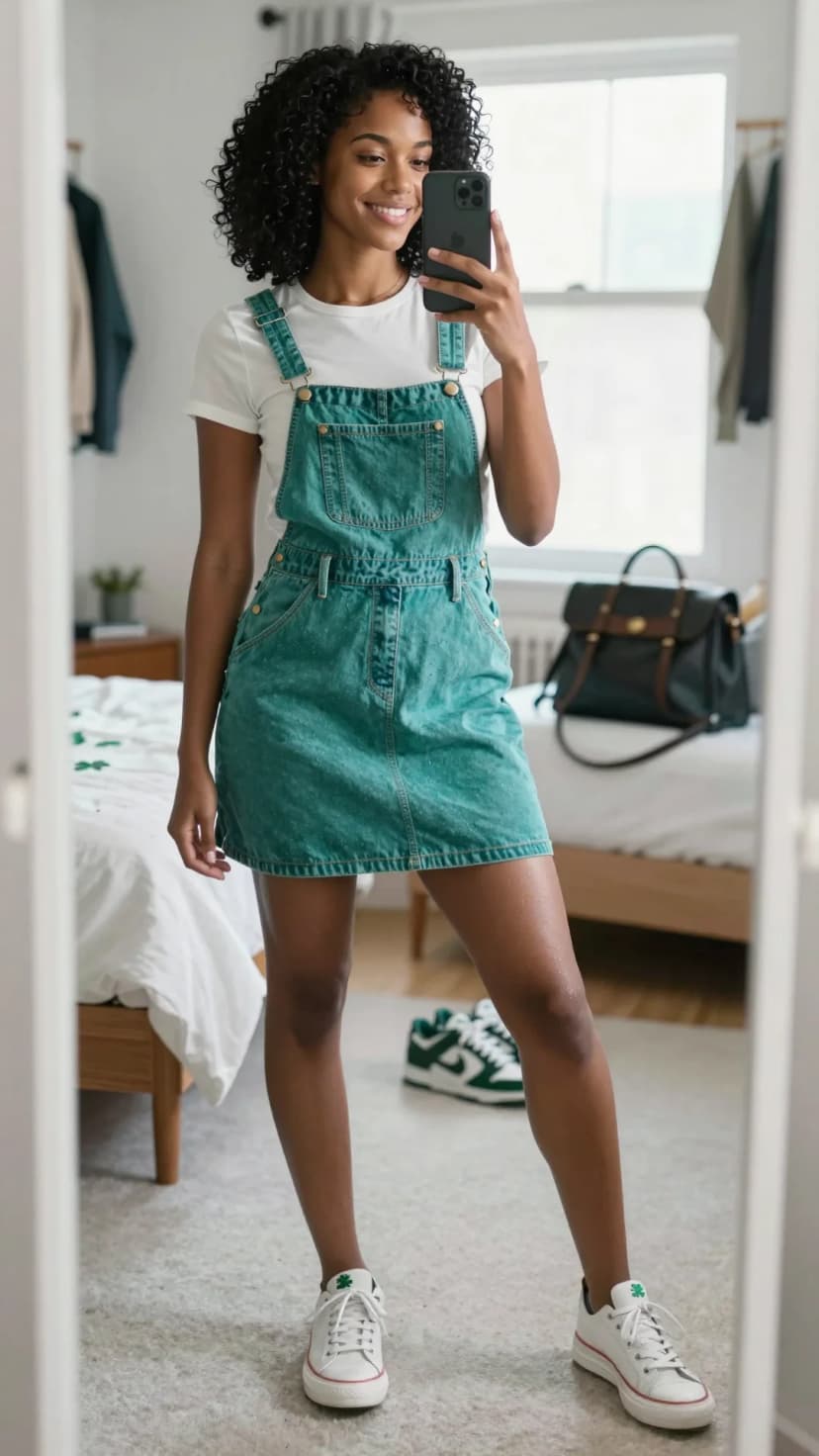 Teal Denim Mini Overalls + White Crew Neck T-Shirt + White Canvas Sneakers