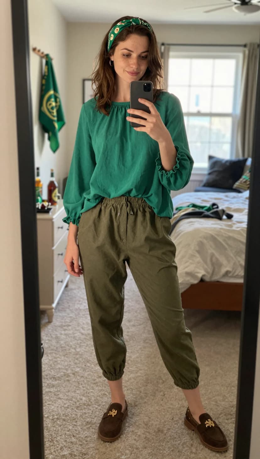 Green Peasant Blouse + Olive Cargo Joggers + Brown Suede Loafers