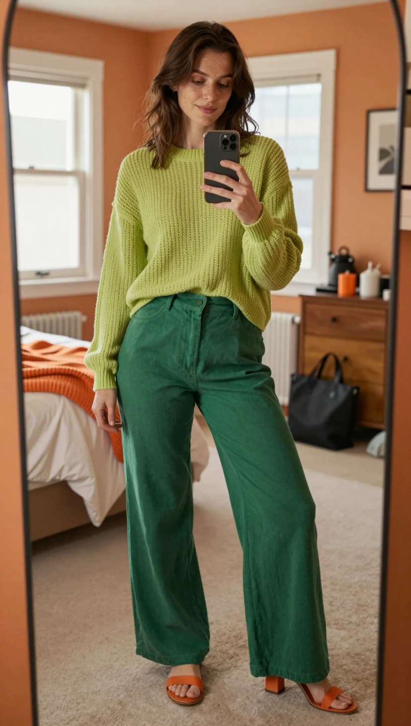 Lime Green Knit Sweater + Forest Green Corduroy Trousers + Orange Heeled Sandals