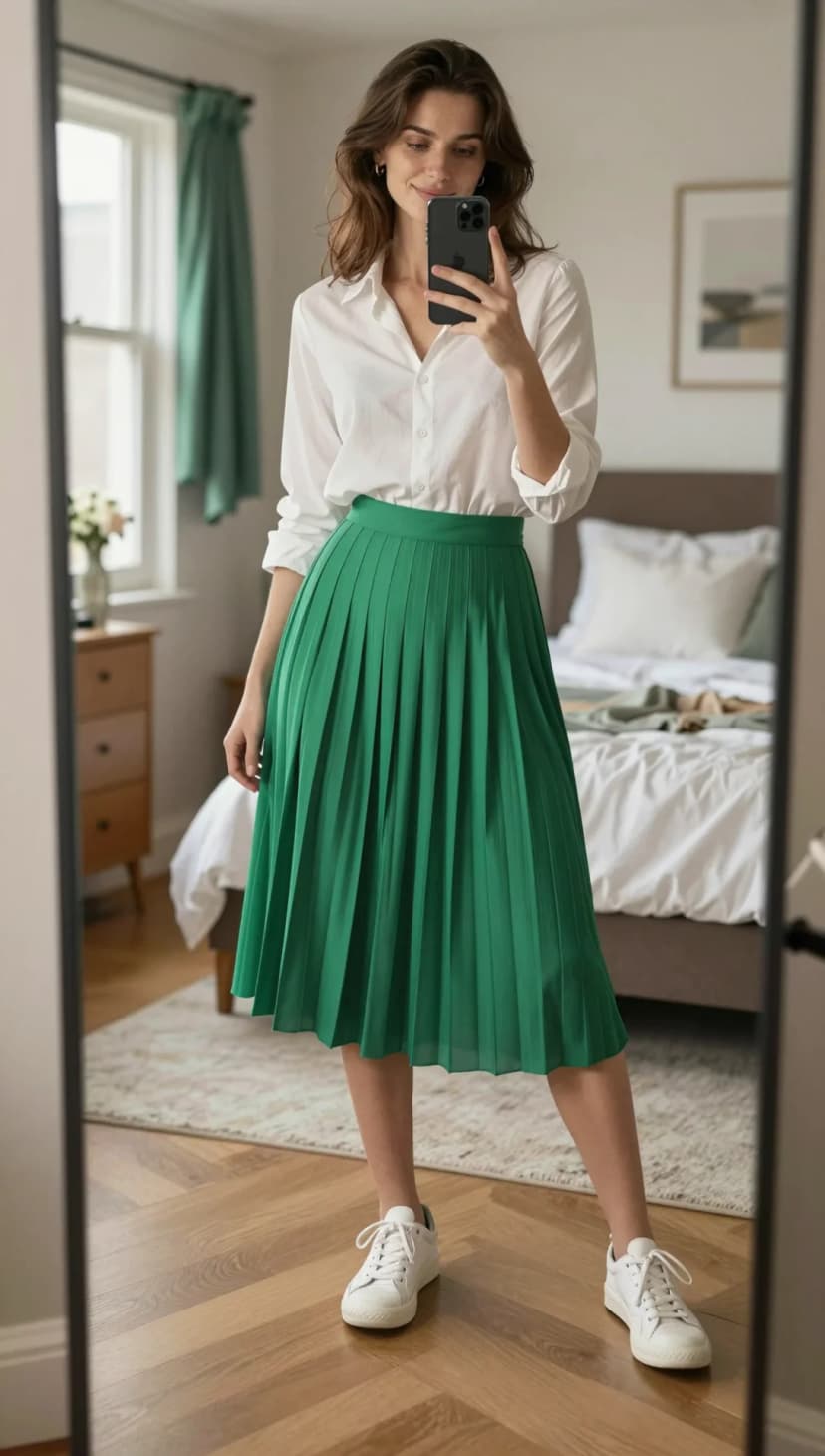 White Cotton Button-Down + Emerald Pleated Midi Skirt + White Leather Sneakers