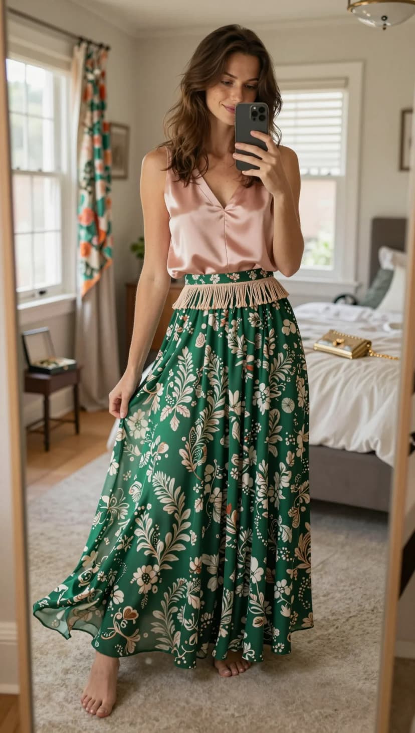 Pink Satin Camisole + Green Floral Chiffon Maxi Skirt