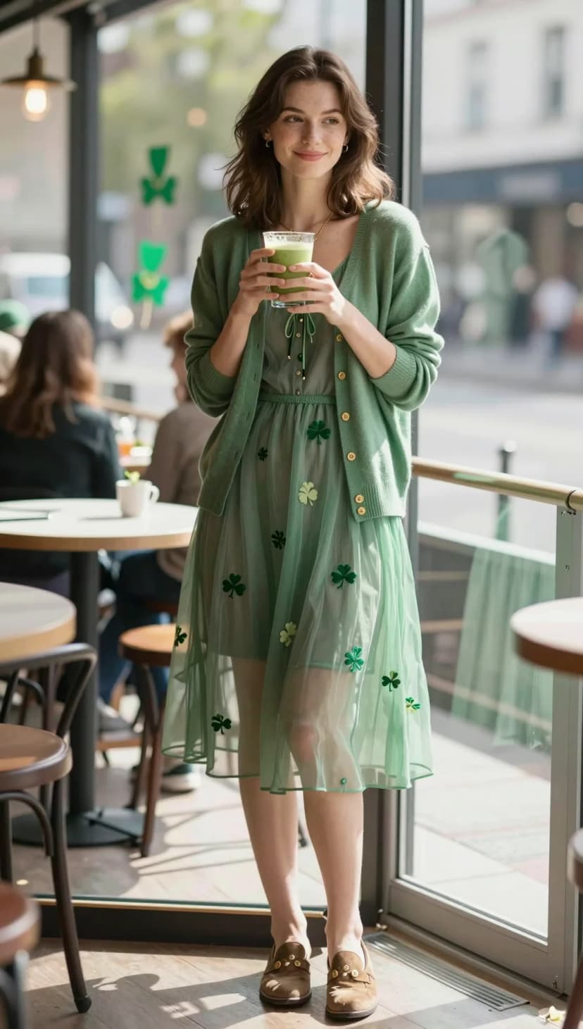 Mint Tulle Dress with Clovers + Mint Knit Cardigan + Brown Suede Loafers