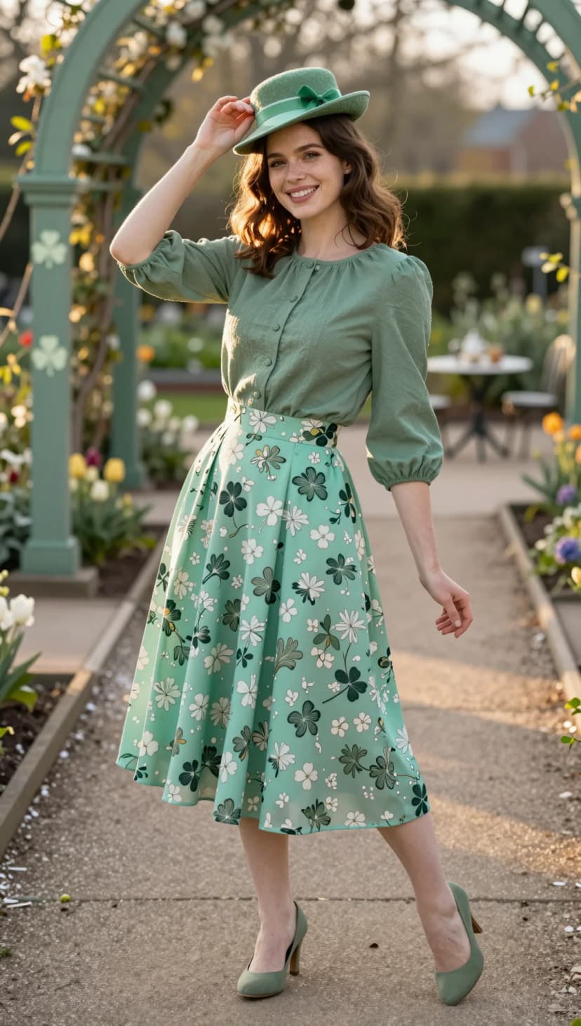 Sage Button-Up Blouse + Mint Floral Print Midi Skirt + Sage Heels