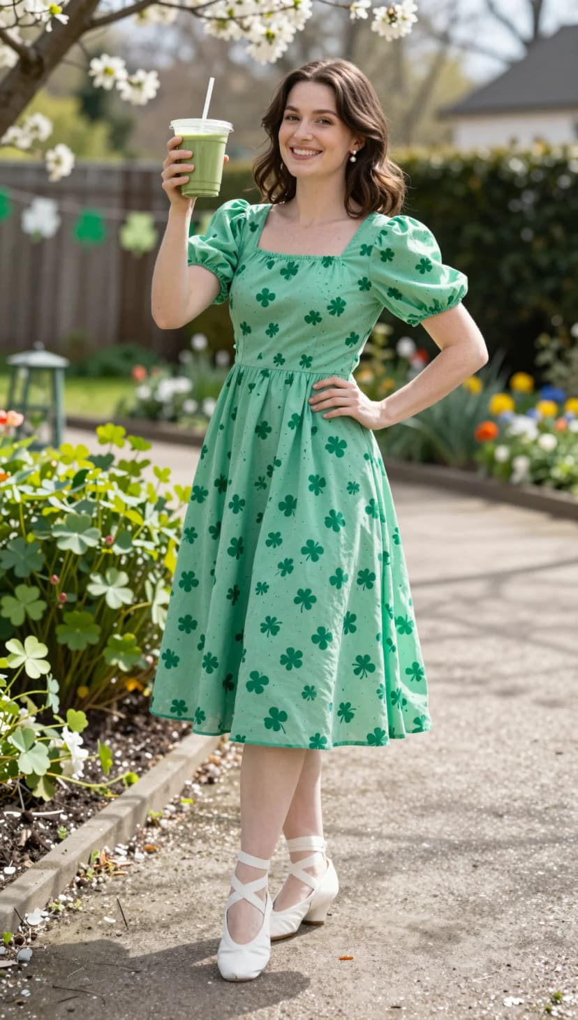 Green Shamrock Print Cotton Dress + White Ballet Flats