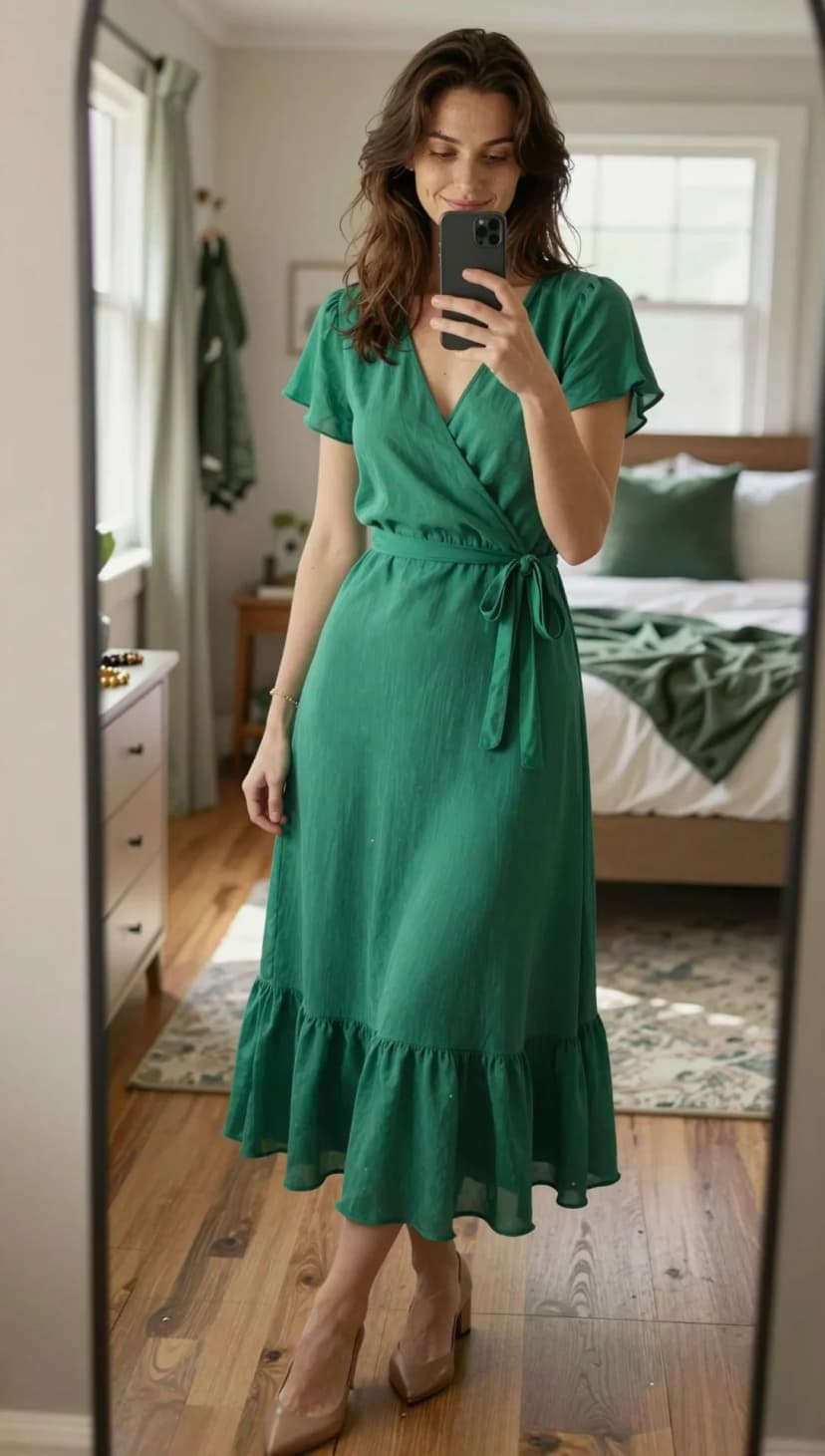 Green Crinkled Gauze Wrap Dress + Nude Pointed Toe Heels