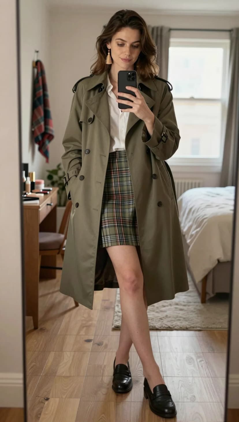 Khaki Cotton Trench Coat + White Cotton Button-Down Shirt + Plaid Wool Mini Skirt + Black Leather Loafers