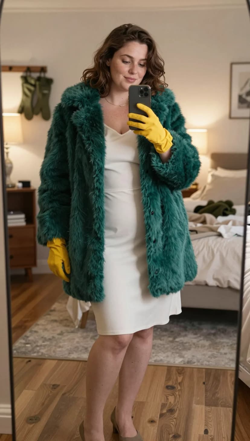 Teal Faux Fur Coat + Ivory Crepe Sheath Dress + Yellow Rubber Gloves + Taupe Block Heels