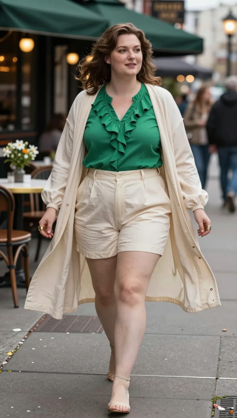 Green Ruffle Blouse + Cream Linen Shorts + Cream Duster Cardigan + Nude Heeled Sandals