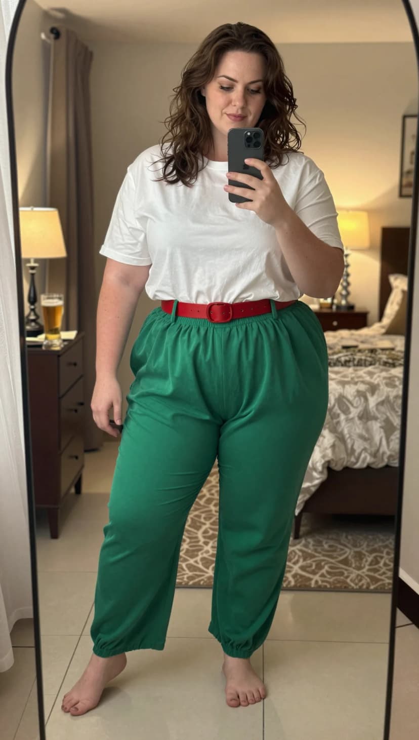 White Cotton T-Shirt + Emerald Green Linen Trousers + Red Leather Belt