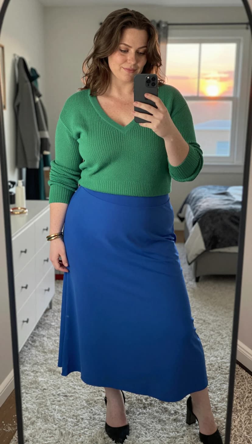 Green Ribbed Knit Sweater + Royal Blue Midi Skirt + Black Heels