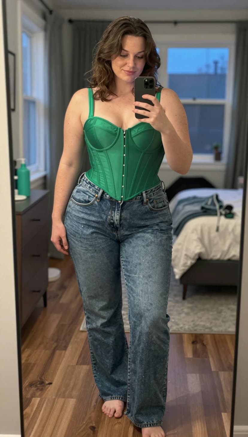 Green Satin Corset Top + Light Wash Distressed Jeans