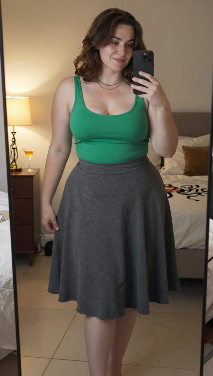 Green Ribbed Tank + Grey Jersey Skirt