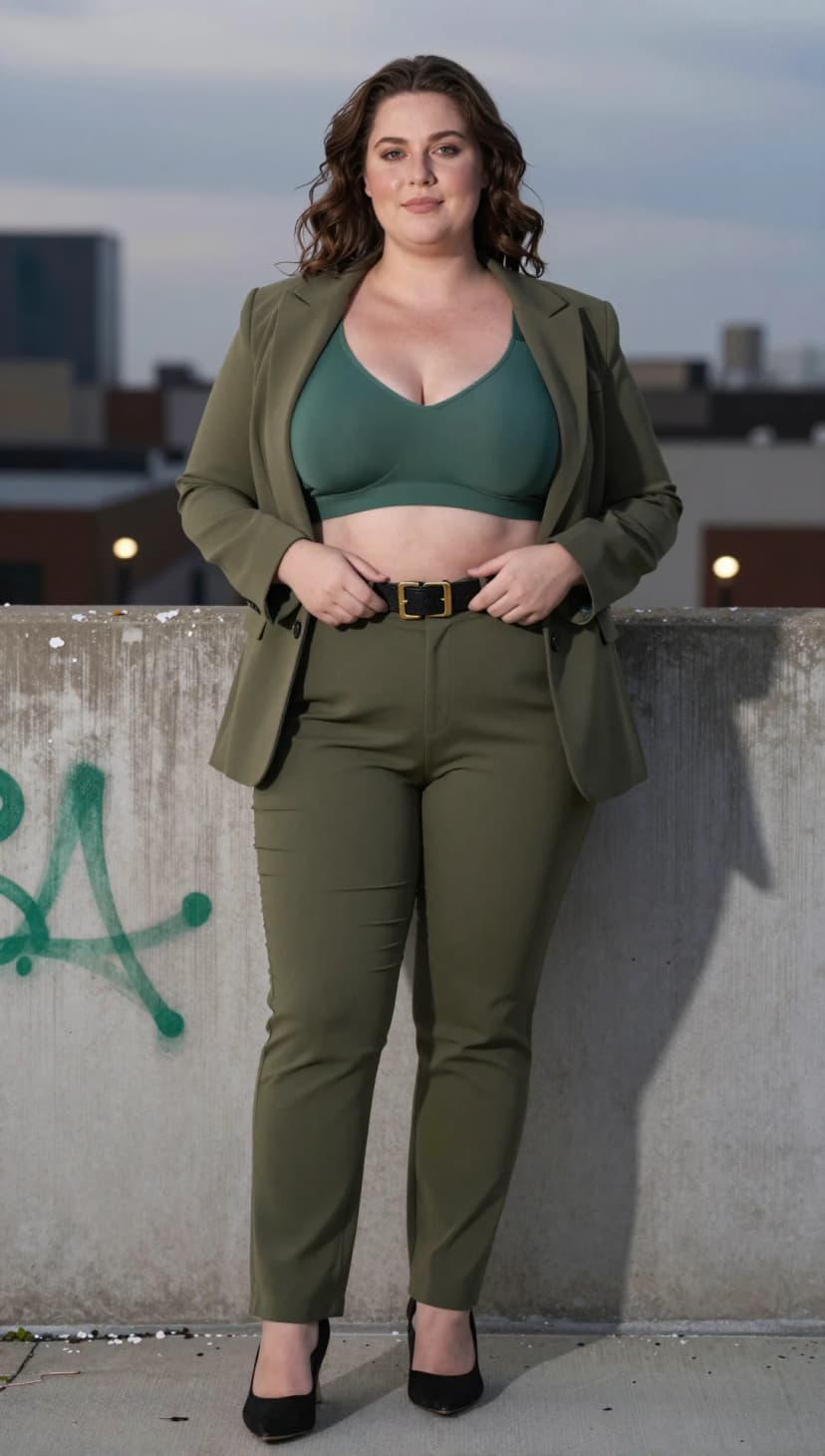 Olive Blazer + Olive Trousers + Green Bralette + Black Heels + Black Belt
