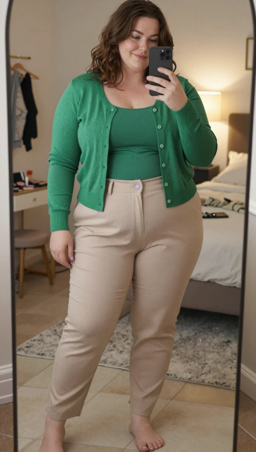Green Knit Cardigan + Green Scoop Neck Tank + Beige Cropped Trousers