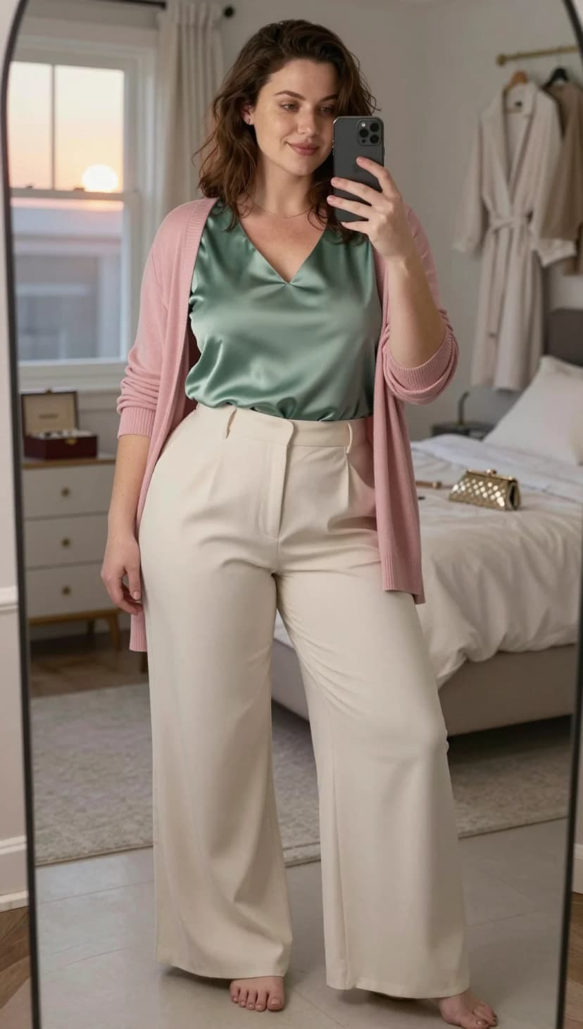 Mint Satin V-Neck Cami + Cream Wide-Leg Trousers + Pink Knit Cardigan