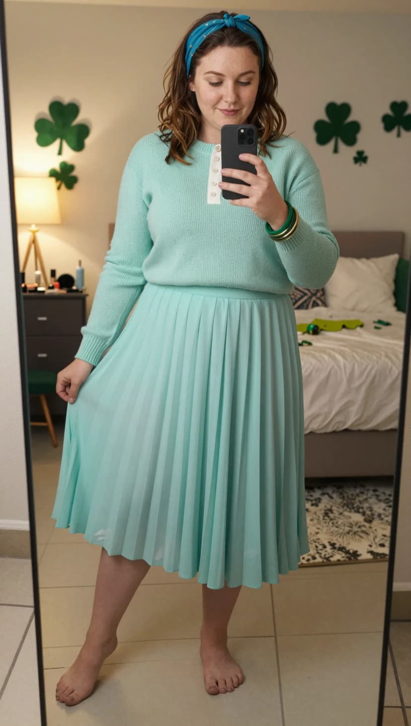 Aqua Knit Pullover + Aqua Pleated Midi Skirt + Teal Polka Dot Headband + Gold Bangles