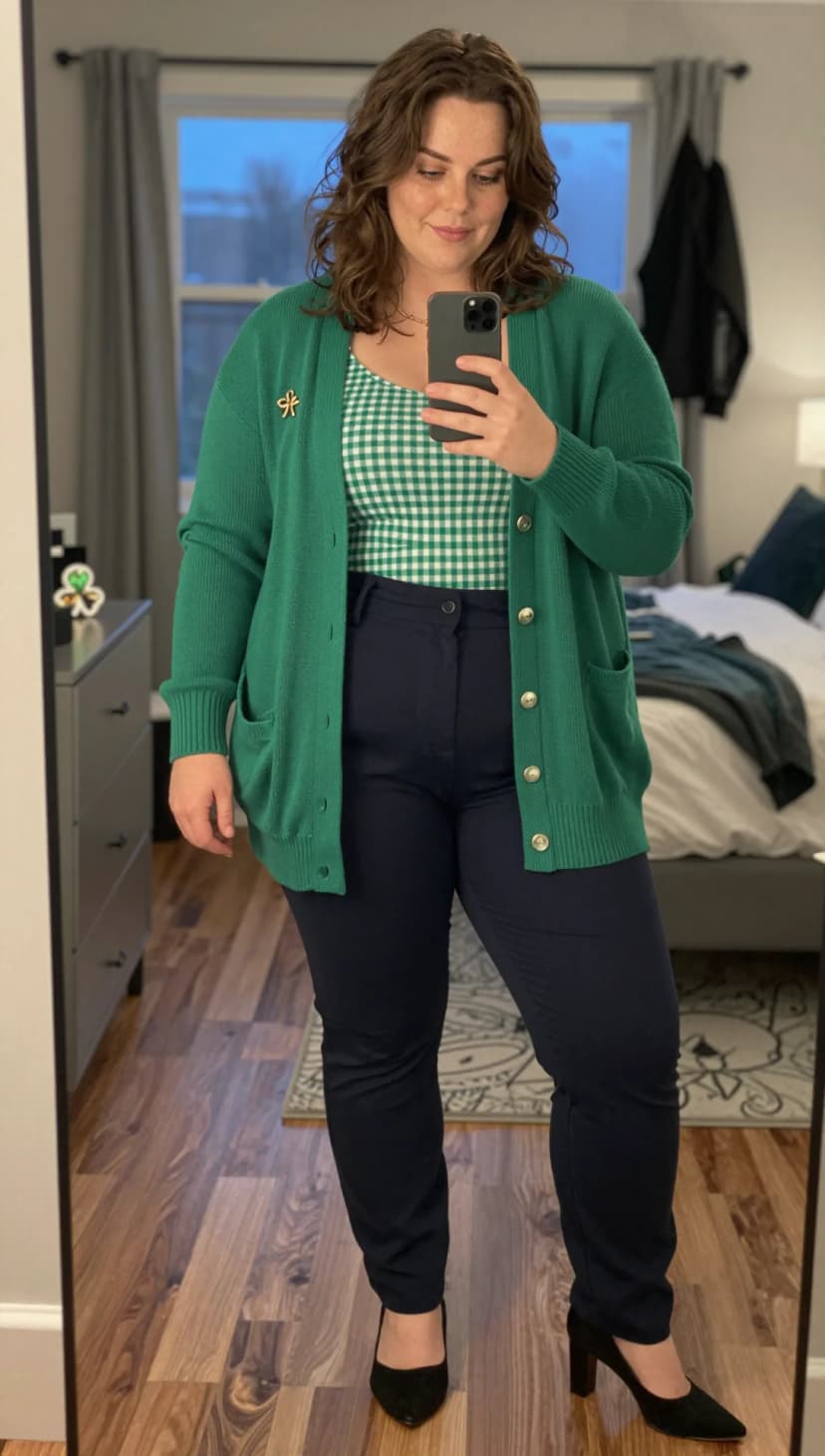 Green Button-Down Cardigan + White and Green Gingham Tank Top + Navy Trousers + Black Heels