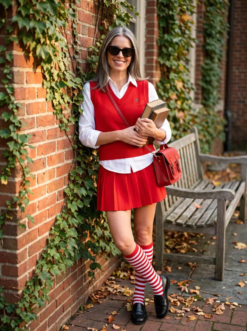 White Button-Up Shirt + Red V-Neck Sweater Vest + Red Pleated Mini Skirt