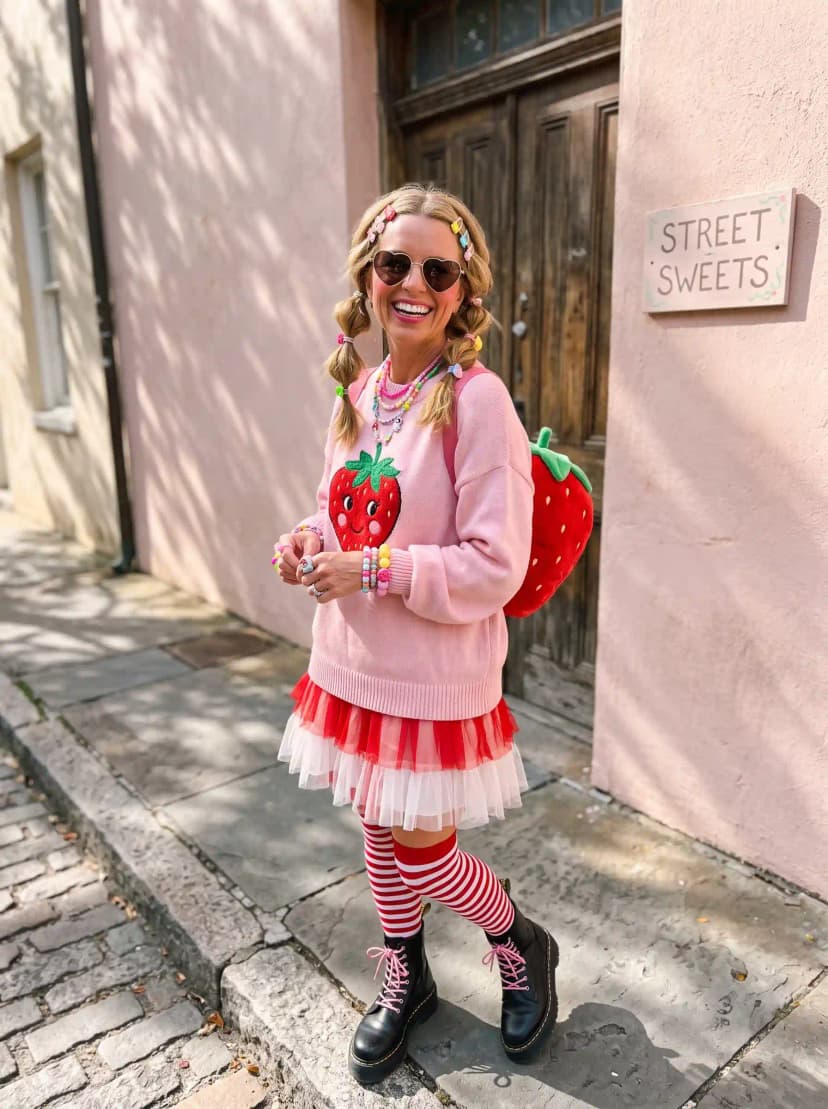 Pink Strawberry Graphic Sweatshirt + Red Tulle Skirt