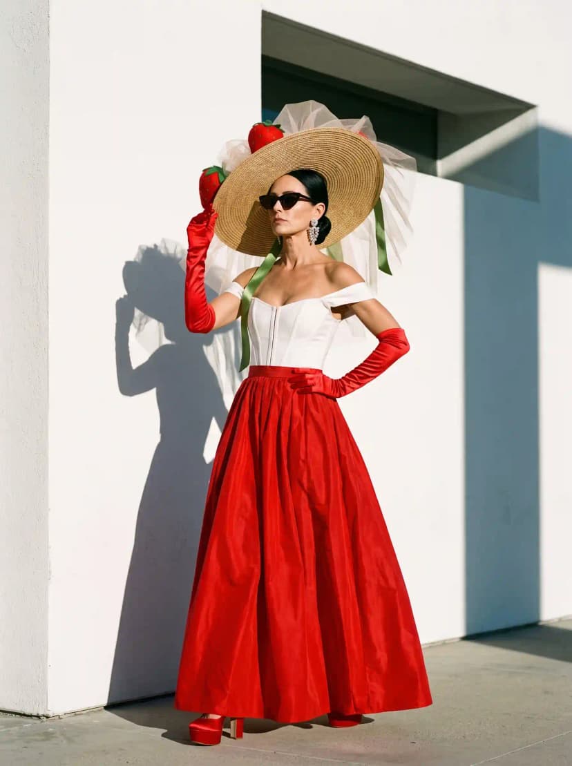White Off-the-Shoulder Corset Top + Red Full Skirt