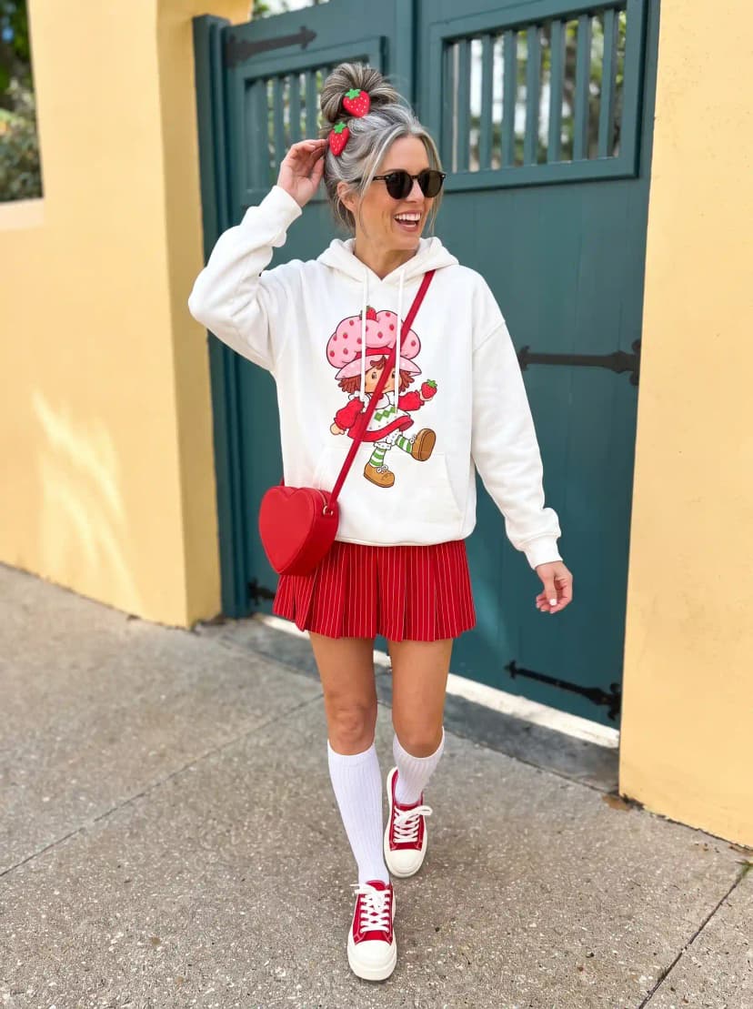 White Strawberry Graphic Hoodie + Red Pleated Skirt