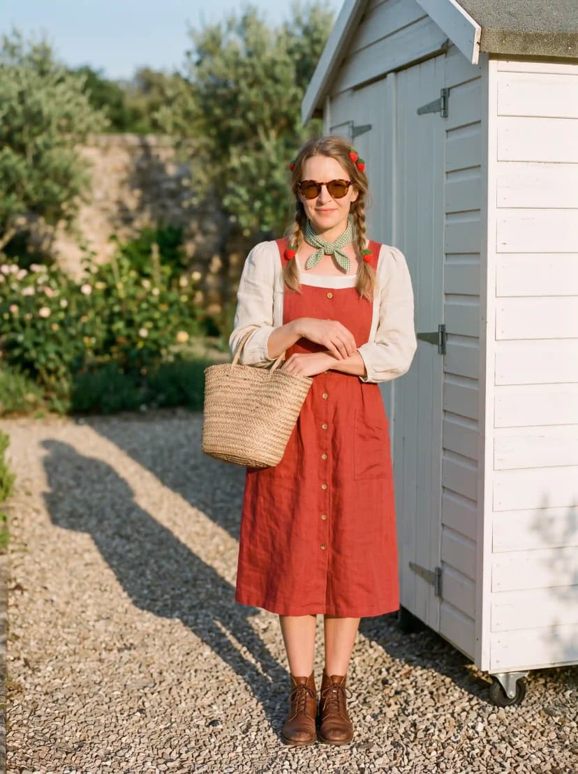 White Linen Shirt + Red Pinafore Dress