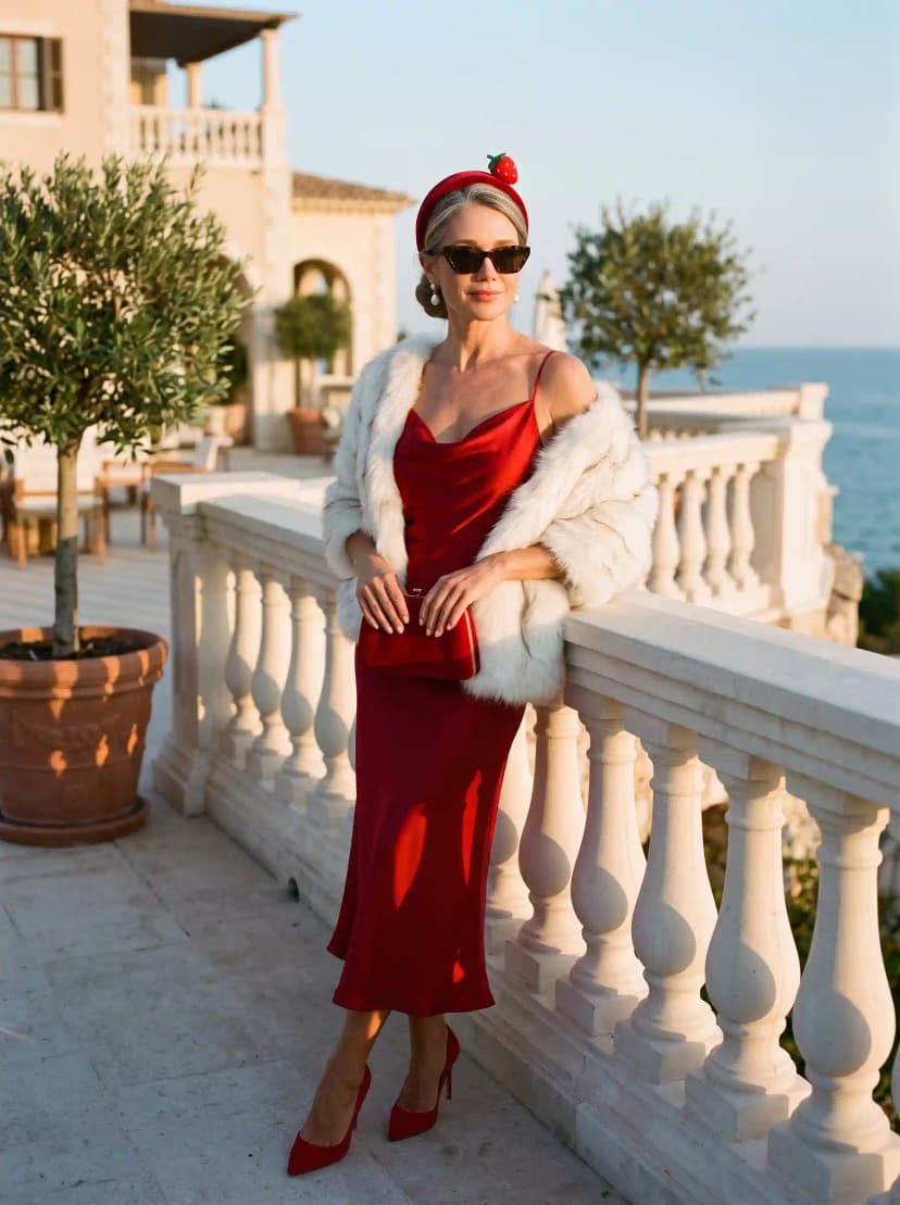 Red Slip Dress + White Faux Fur Cape