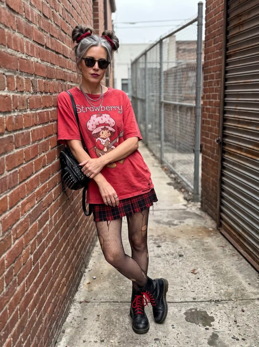 Red Graphic T-Shirt + Plaid Mini Skirt