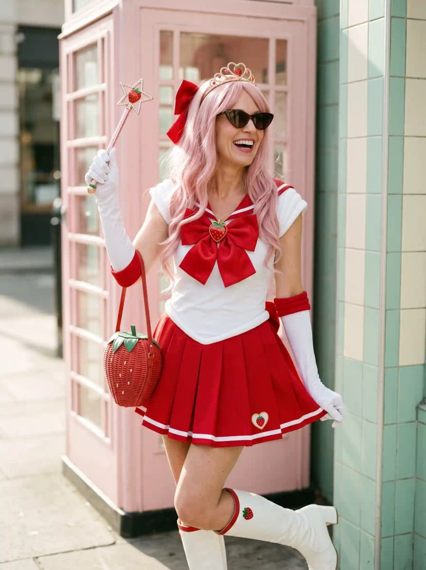 White Sailor Top + Red Pleated Skirt